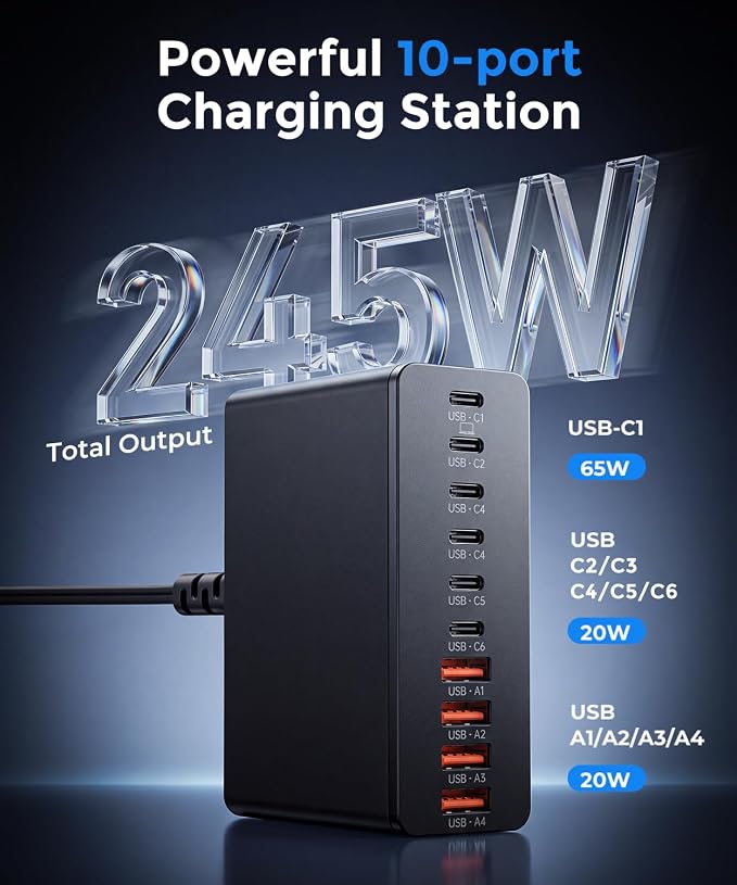 USB C Charging Station 10 Port with 4 Cables,245W GaN Charger Block | Type C Wall Charger Power Strip Adapter Plug for iPad iPhone17 16 15 14 13 12 Pro Max Pixel Note Galaxy Black - Image 2