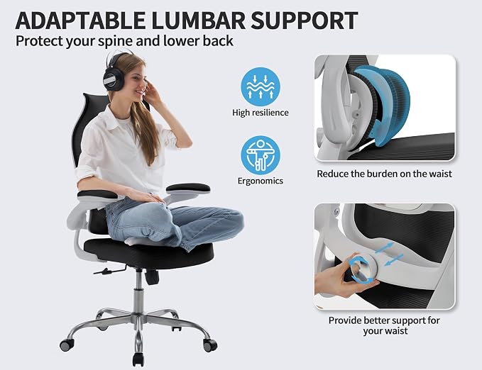 TRALT Office Chair Ergonomic Desk Chair - Gaming Chair with Lumbar Support | 330 LBS Home Office Desk Chairs , Reading Chair with Flip-up Armrests, Comfortable Computer Chairs (1, White Black) - Image 4