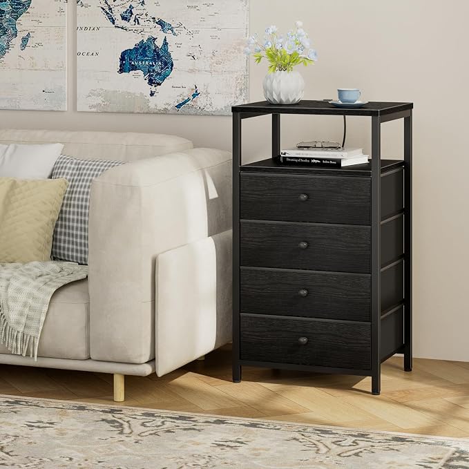 BOLUO Tall Night Stand with Drawers, Black Nightstand with Charging Station and LED Light, Small White 4 Drawer Dresser for Bedroom, Room Storage Closet - Image 4