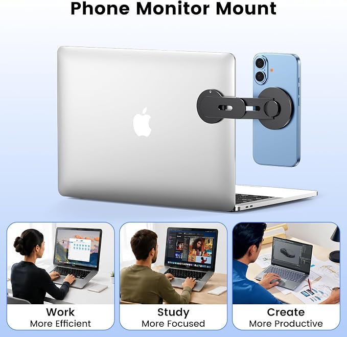 Magnetic Phone Holder for Laptop, MagSafe Laptop Phone Mount for iPhone 17/16/15/14/13/12 & All Phones, 180°Adjustable Phone Side Mount for Monitors for Tesla (Black) - Image 9