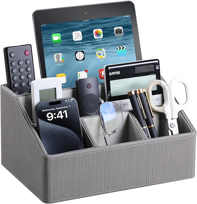 PU Leather Desk Organizer, Remote Control Holder, Grey | Luxury Nightstand Organizer for Home, Office Desk Accessories, Bedside Table Caddy with 5 Compartments, Velvet Lining by MEIBOOCH