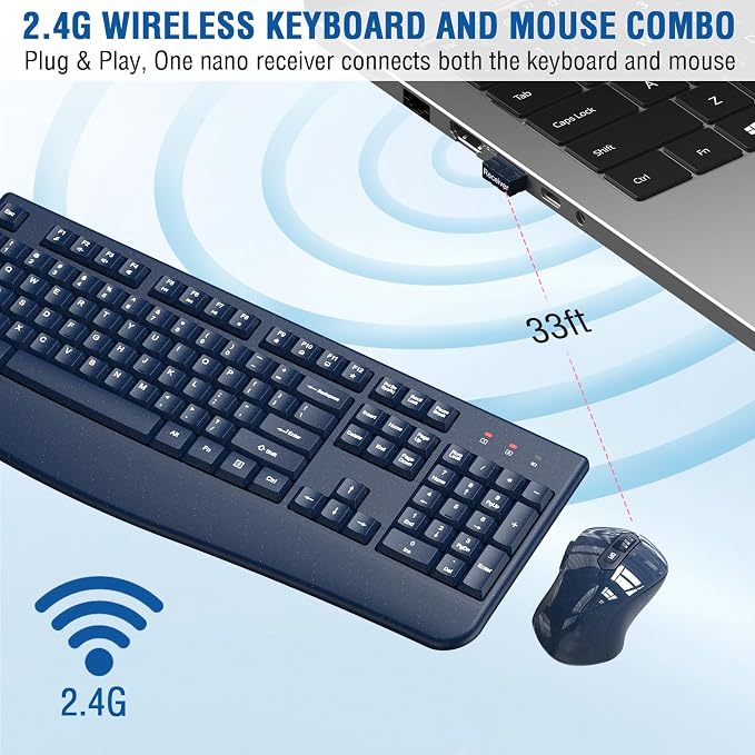 Wireless Keyboard and Mouse Combo, EDJO 2.4G Full-Sized Ergonomic Computer Keyboard with Wrist Rest and 3 Level DPI Adjustable Wireless Mouse for Windows, Mac OS Desktop/Laptop/PC(Galaxy Blue) - Image 3