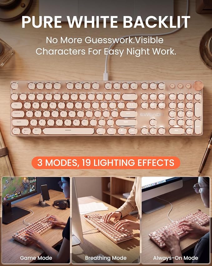 EWEADN Wired Typewriter Mechanical Keyboard, Low Noise Pink Switch Retro Punk Keyboard with Media Knob, White Backlit, Metal Panel, 104-Key Round Keycaps Cute Keyboard for Windows PC- Rose Gold - Image 3