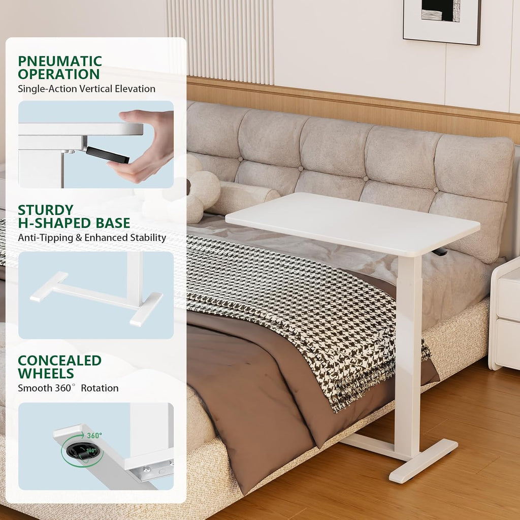 Ywin Hospital Bedside Table with Wheels, Pneumatic Lift, White - Image 5