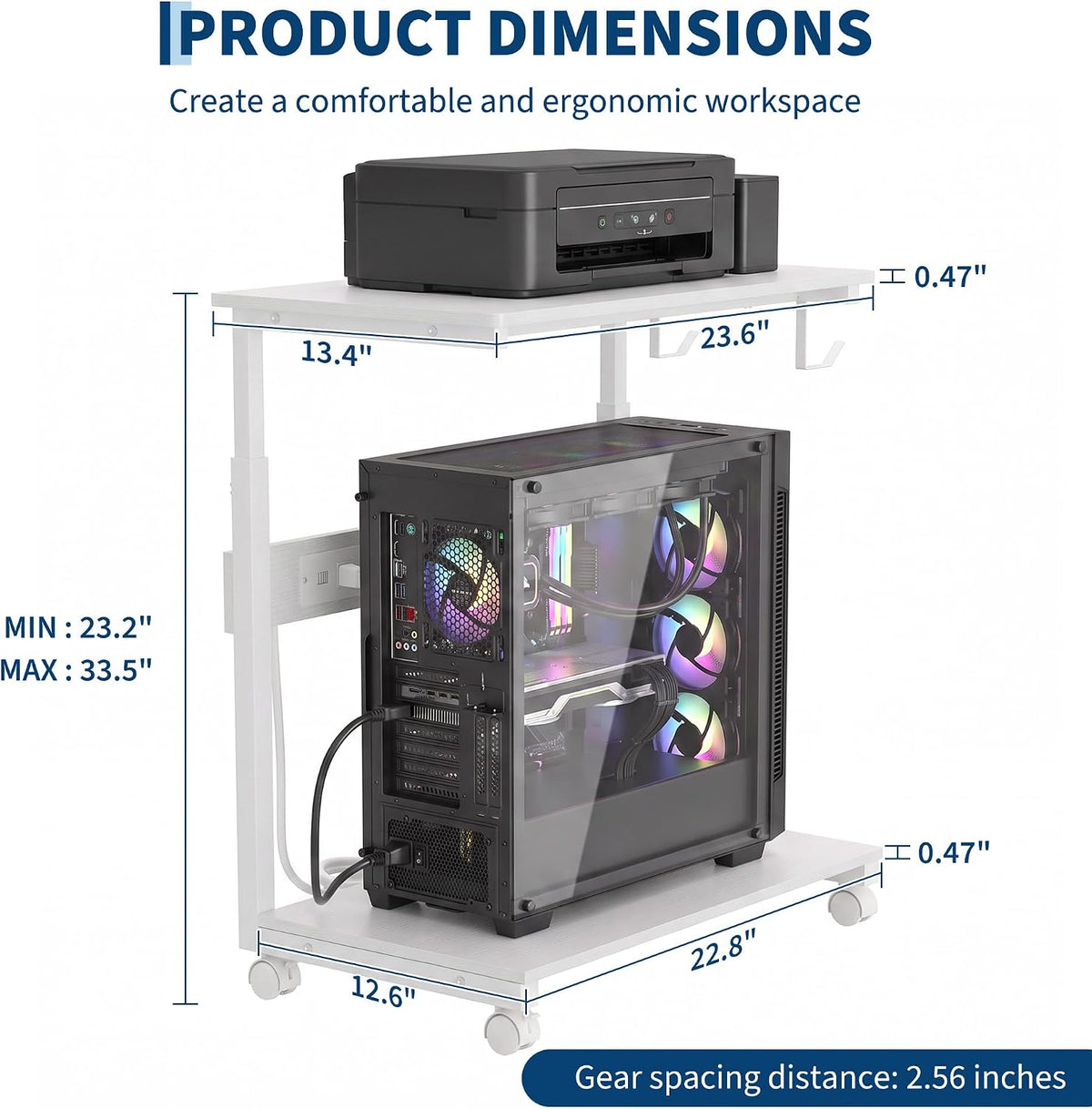 Rolling PC Tower Stand, Height Adjustable, White - Image 2