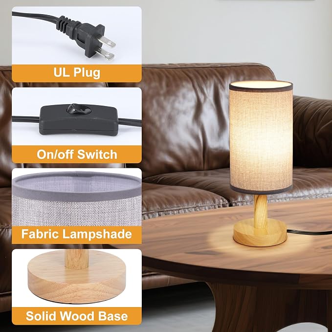 Gray Small Bedside Table Lamp for Bedroom,Natural Round Wood Base&Fabric Linen Shade,Cozy Night Table Light for Study Reading,Minimalist Boho Desk Lamp for Nightstand,Living Room,Nursery,Kitchen,Dorm - Image 5