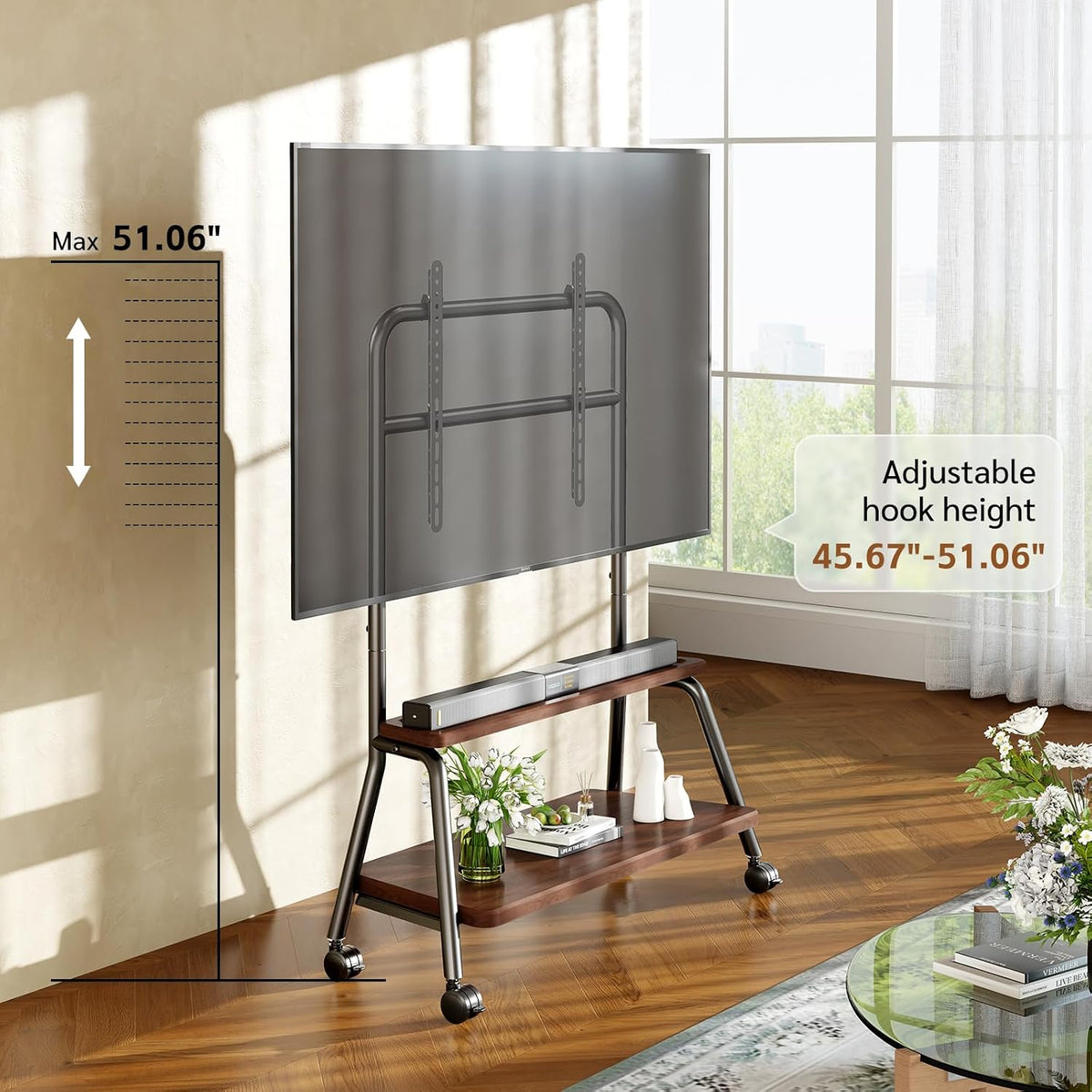 Mobile TV Stand on Wheels, Heavy-Duty Rolling TV Cart for 32-75 Inch TVs (Walnut, 32-75inch) - Image 7