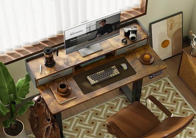 Claiks Standing Desk with Drawers & Wheels, 2 Height Shelf 40" Rustic Brown | 2 height adjust shelf, tabletop drawers, felt fence design, sturdy supports 176 lbs, 4 wheels, 2 tire monitor stand - Image 2