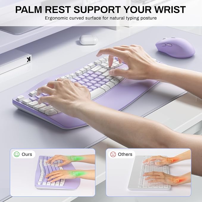 Wireless Keyboard and Mouse Combo,2.4G Ergonomic Wave Keys(Purple-A) | Full Size Cordless Keyboard with Wrist Rest,3-Level DPI Ergonomic Mouse for Office and Home,Windows/Mac OS/Desktop/Laptop/PC - Image 4