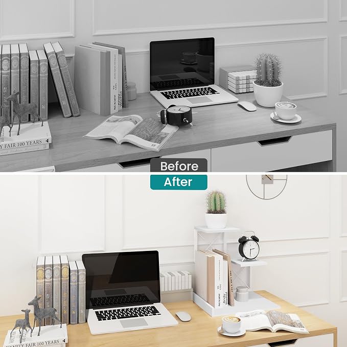 ELITEROO Desk Shelf, Wood Small Bookshelf Desktop Shelves and Organizer, Freestanding 3 Tier Storage Display Stand Home Office Decor for Books Plants Toys, White - Image 8