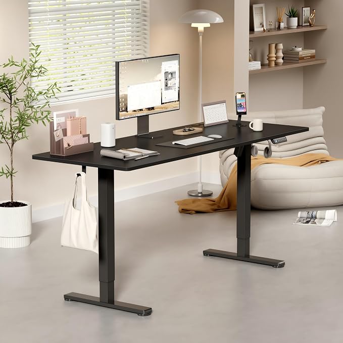 YESHOMY Height Adjustable Electric Standing Desk, 63 x 24 Inches Memory Home Office Sit Stand up Desk with Phone Holder and USB Charging Port, Black - Image 2