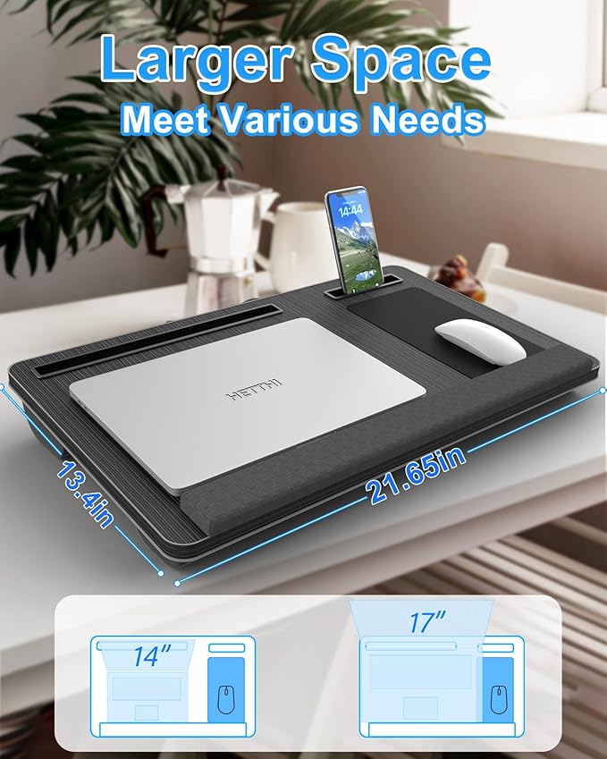 HETTHI Laptop Lap Desk, Portable Large Laptop Desk for Bed, Up to 17 Inch Lap Pad Tray with Wrist Rest, Mouse Pad, Tablet Phone Slot, Portable Handle, Cushion (Black) - Image 2