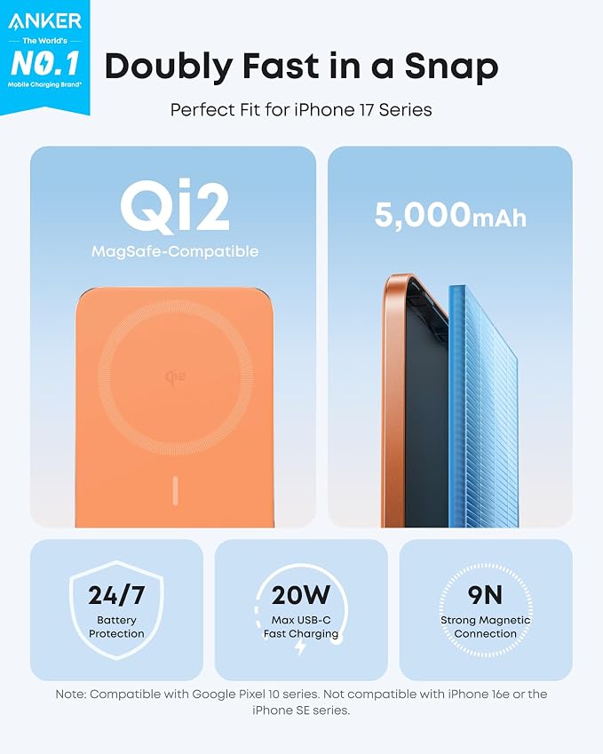 Anker Nano Magnetic Power Bank, 5,000mAh Qi2-Certified 15W Portable Charger | Ultra-Slim Wireless Battery Pack with Ergonomic Design, Compact for Travel, for iPhone 17 / 16 Series and More - Image 2