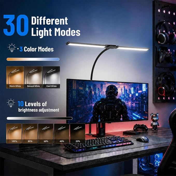 LED Desk Lamp for Home Office, Eye-Care Architect Light with Clamp, Double Head Computer Monitor Table Light with 3 Color Modes 10 Brightness, Adjustable for Reading, Study, Workbench, Black - Image 2