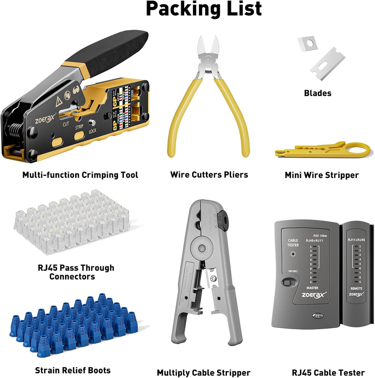 Ethernet Crimping Tool Kit RJ45 Crimp Tools,CAT5 Cat5e Cat6 RJ45 Crimping Tool Kit With Cable Tester, Multiply Stripper, Blades,50Pcs Cat 6 Pass Through Connectors and Strain Relief Boots - Image 7
