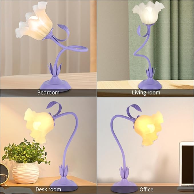 Cute Flower Desk Lamp, 3 Color Temperature Table Lamp with LED Bulb, Vintage Bedside Lamps, Reading Lamps with Soft Light for Bedroom, Living Room（Purple） - Image 7