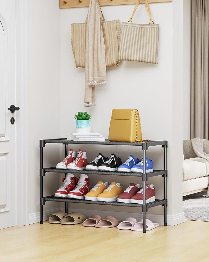 Kitsure Shoe Rack - Non-Woven Shoe Rack Shelf, 27.5" Wide - 3 Tier, Black | Shoe Organizer for Closet, Entryway, Garage, Stackable Shoe Shelves, college dorm&apartment essentials - Image 2