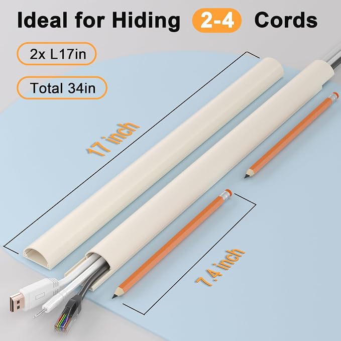 ZhiYo 34in Cord Hider for 2-4 Wall-Mounted TV Wires, 1.4" W x 0.7" H, Beige | Split-Hinge Design for Easy Installation, Half-Round Glazed Finish Ideal for Wall/Baseboard, Self-Adhesive, 2 Pack (17" Each) - Image 2
