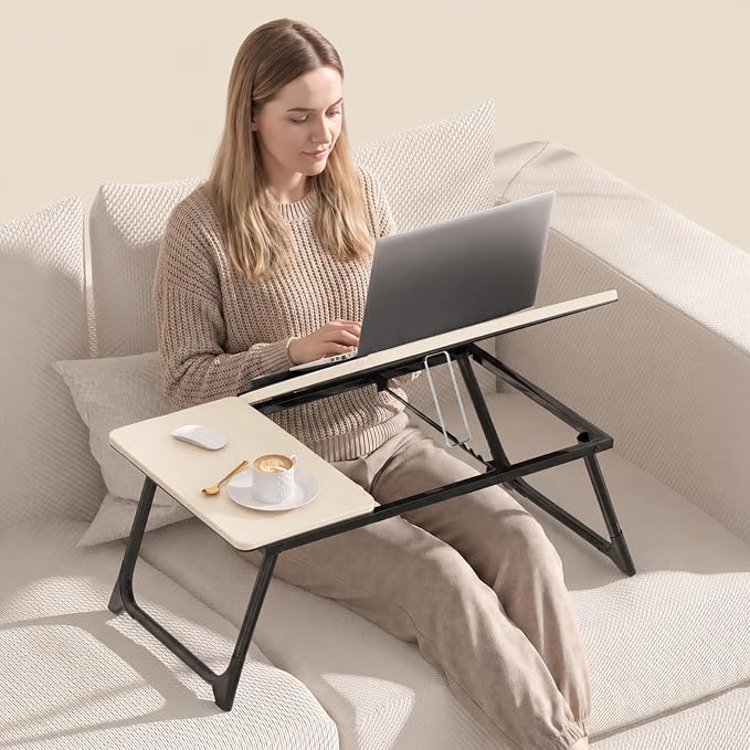 Laptop Bed Desk, 5-Angle Adjustable Bed Laptop Table with Cup Holder | Foldable Laptop Stand for Couch & Sofa, Portable Laptop Tray for Adults Writing Reading Eating, Beige - Image 5