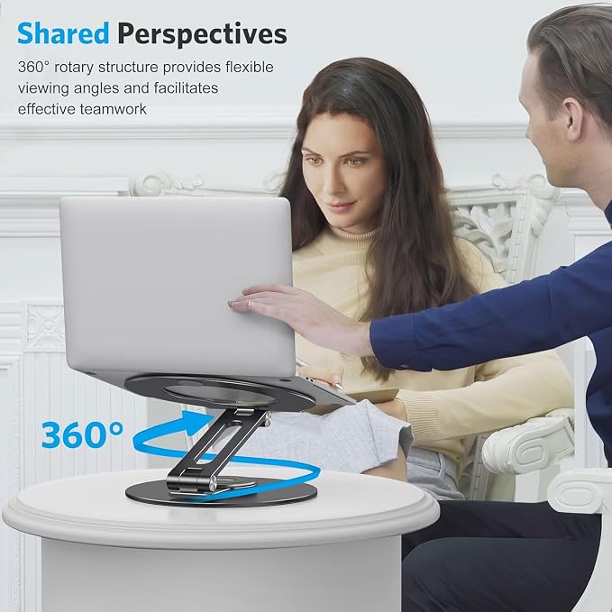 OMOTON Adjustable Laptop Stand for Desk 360° Rotating Base up to 17" Black | Ergonomic Laptop Rise for Collaborative Work, Foldable Dual Shaft for Easy Storage, Fits for MacBook/Dell/HP - Image 4