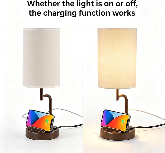 Dreamholder 2 Pack Table Lamp, Bedside Lamp with 3 USB Charging Ports & AC Outlet, USB Desk Lamp with 2 Phone Holders, Linen Fabric Shade Nightstand Lamps for Bedroom Living Room Office, Coffee Brown - Image 4