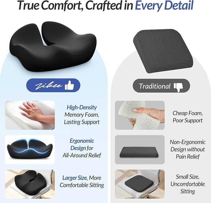 Pioneering Seat Cushion for Pressure Relief, Ergonomic Office Chair Cushion for Sciatica, Back, Hemorrhoids & Tailbone Pain Relief, High-Density Memory Foam Car Seat Cushion with Anti-Slip Base - Image 5