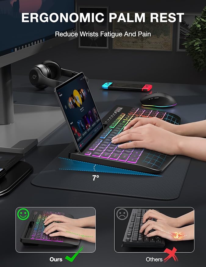 Wireless Keyboard and Mouse Combo - 9 Backlit Effects, 2.4GHz | Ergo Wrist Rest, Phone Holder, Full Size, Rechargeable, Sleep Mode, KM22 MAX Quiet Set for Computer, PC, Laptop, Mac, Windows - Image 3