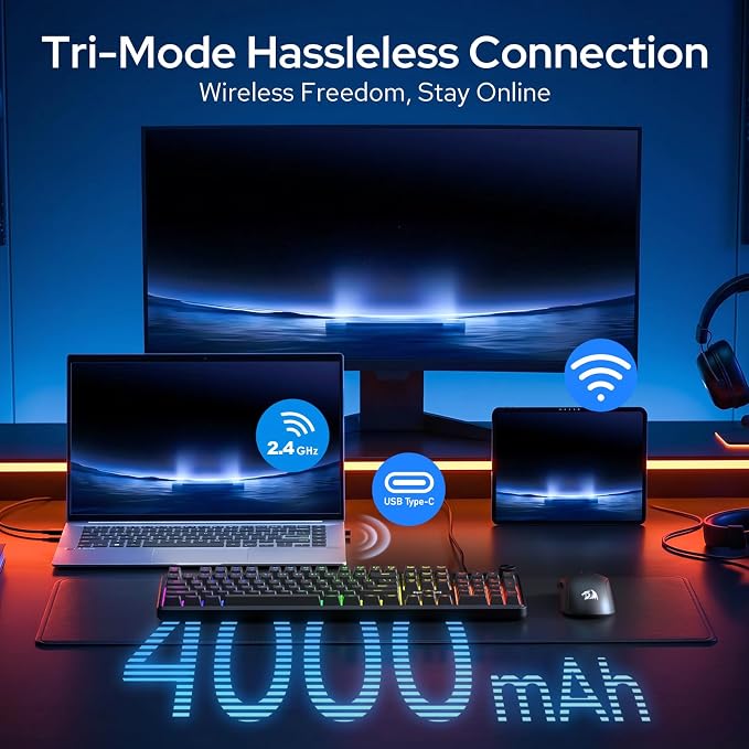 Redragon Wireless K526 PRO Membrane Keyboard & M693 PRO Gaming Mouse Combo | LED Info Display & Knob, 0-Delay Tri-Mode Both Devices, Adjustable DPI Up to 4800, Shared Dongle for Cordless Desktop - Image 5