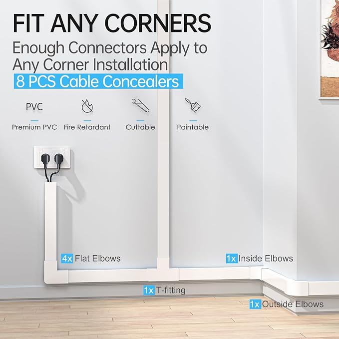 Yecaye Cord Covers for Wires on Wall, 113in, W1.18in H0.67in, White | TV Cord Hider, Large Cord Organizer for 3-4 Wires, Cable Management Kit, Easy Install - Image 5