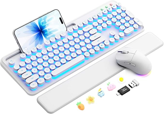 Wireless Keyboard and Mouse, Backlit Typewriter with Magnetic Wrist Rest | Phone Holder, Light Up Round Keycaps, Lighting Mouse, 2.4GHz Cordless Set for Mac, Windows, PC, Laptop, SABLUTE by SABLUTE