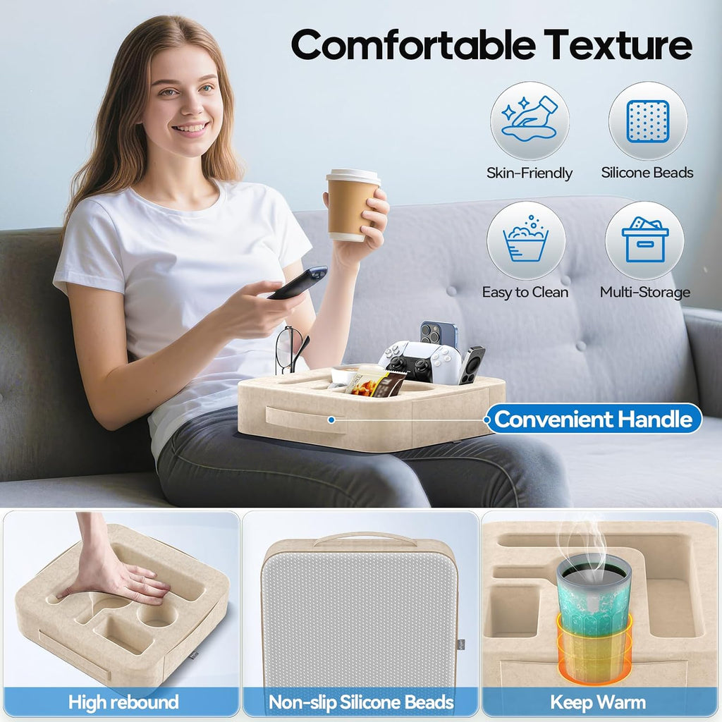 Couch Cup Holder Pillow, Sofa and Bed Caddy for iPad, Kindle, Switch, Game Controller, Remotes, Phones, Small-Sized Cup and Drink Holder for Couch, Bed, Desk, Car, Beach, Bathroom Cup Holder, Khaki - Image 4