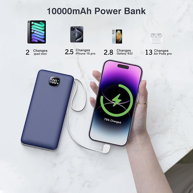 Portable Charger 10000mAh 22.5W Power Bank,Built-in 3 Cables & AC Wall Plug | Fast Charging, 0.68in Ultra Slim,Charge 5 Devices,TSA Approved Travel Essential Battery Pack for iPhone/Samsung/Android - Image 8