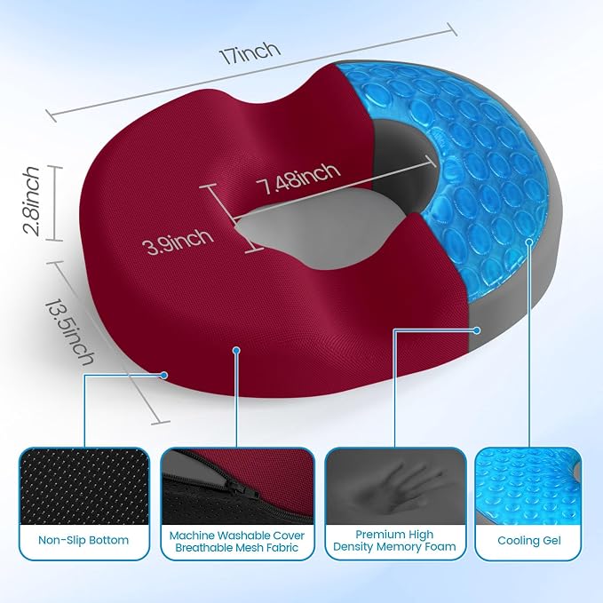 Donut Pillow Seat Cushion, Cooling Gel Memory Foam Chair Cushion, Red | Office, Home & Car Seat Cushion, Butt Pillow for Tailbone Pain Relief, Hemorrhoids and Everyday Sitting Comfort - Image 2