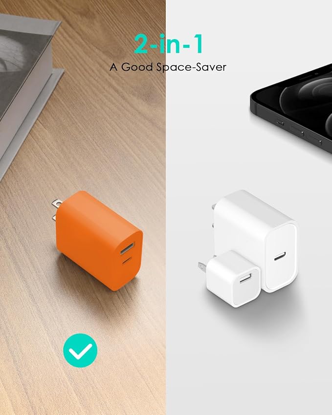 [4 Pack] USB C Charger Block Fast Charging Multiport Adpater [PD 20W USB-C & QC 3.0 USB-A Port] for iPhone 17/16/15/14/13/12/11/X/9, iPad, Galaxy, Google & More [Orange] - Image 4