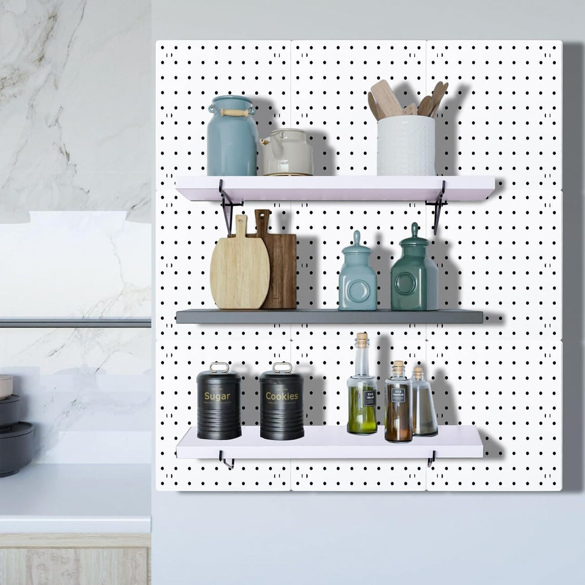 Pegboard Shelf Set - 6 Heavy Duty Peg Board Shelves & Steel Brackets, Organizer for Storage, Garage, Workbench, Craft, Office - Image 5