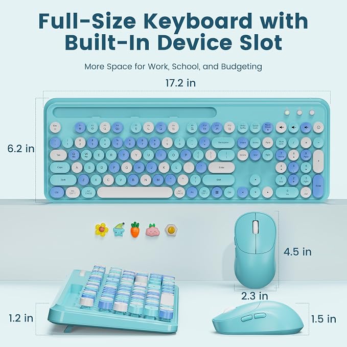 Wireless Keyboard and Mouse Combo, Retro Round Keycaps, Full-Size Stylish Typewriter Keyboard with Phone/Tablet Holder, Ergonomic Mouse with 3-Level DPI, 2.4GHz Connection for Windows/PC (Ice Blue) | Full-Size Retro Typewriter-Style Keyboard, Tilt Legs... - Image 8