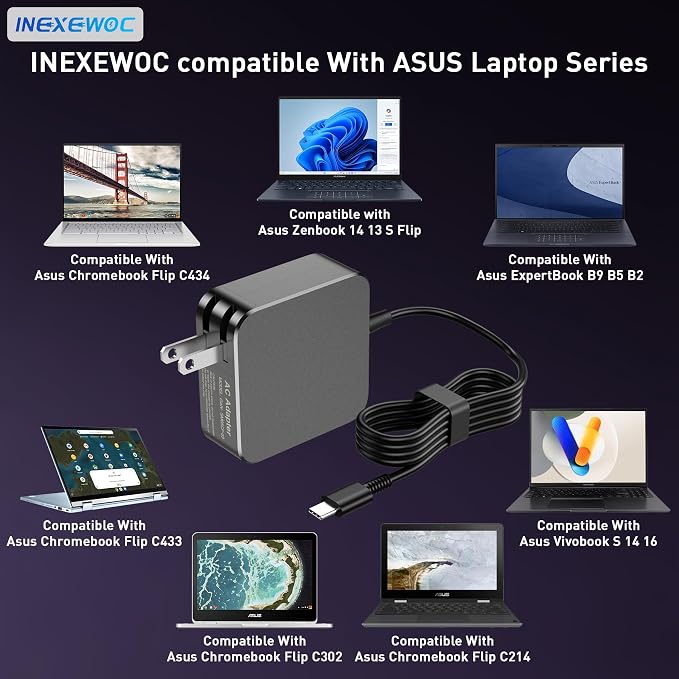 65W 45W USB C Laptop Charger Compatible with Asus Zenbook 14 13 S Flip, Chromebook Flip C434 C433 C302 C214, ExpertBook B9 B5 B2, Vivobook S 14 16, Type C Fast Charging Power Adapter Cord - Image 3