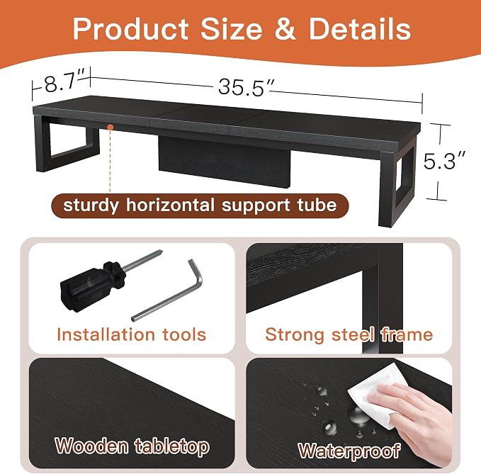 Dual Monitor Stand Riser, Wood and Steel Monitor Stand for Desk, Multi-Purpose Desk Shelf Organizer for Computer, Laptop, Printer, TV, Black - Image 6