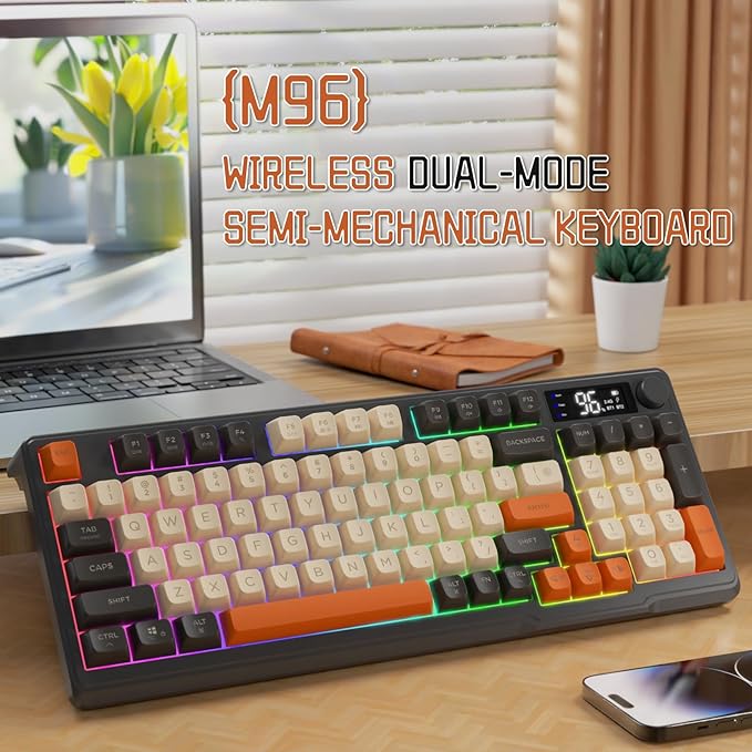 LexonElec M96 Wireless Gaming Keyboard,Knob Control Bluetooth/2.4G Wireless Mechanical Feeling Keyboard,RGB LED Backlit with Display Screen, PBT Keycap,3000mAh, 94-Key Layout for Win/Mac (Shimmer) - Image 2