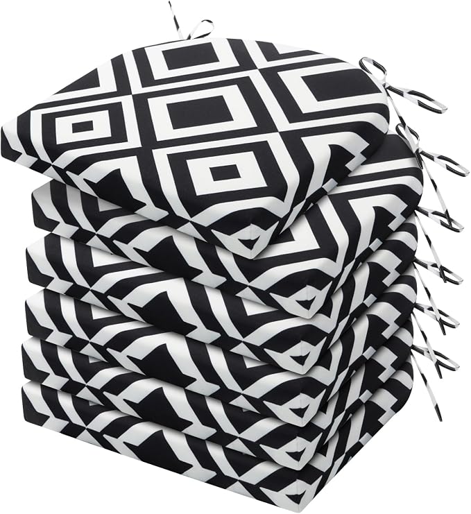 HARBOREST Outdoor Chair Cushions Set of 6, Water Resistant Patio Chair Cushions with Ties, Outdoor Seat Cushions for Patio Furniture, 17"x16"x2", Black/White Diamond by HARBOREST