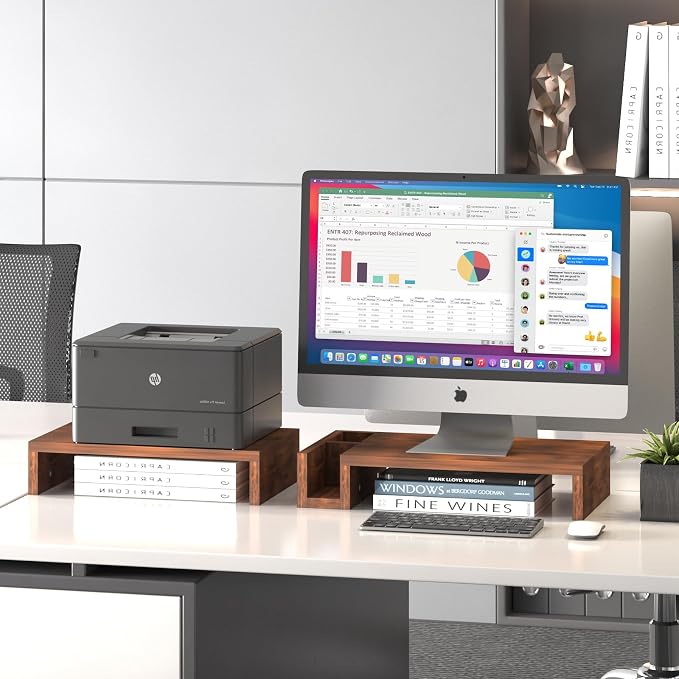 Wood Dual Monitor Stand Riser for Desk, 30" Long Monitor Riser with Pen Holders, Desktop Storage Organizer for 2 Monitors, Computer, Laptop, PC, Printer, TV, Rustic Brown (Dual) - Image 3