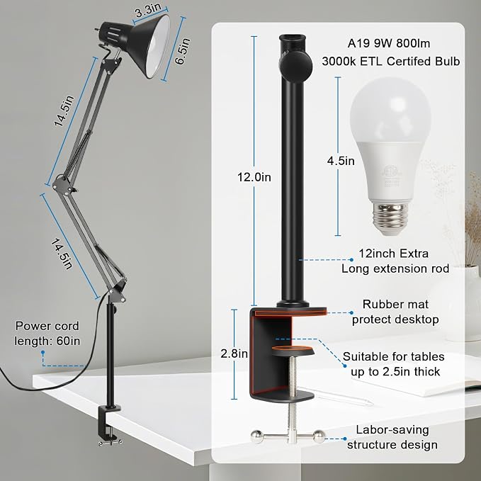 LED Clamp on Desk Lamp, 360°Adjustable Swing Arm Desk Lamp | Clamp Light with Eye-Caring LED Bulb for Home Office Reading Drafting - Image 3