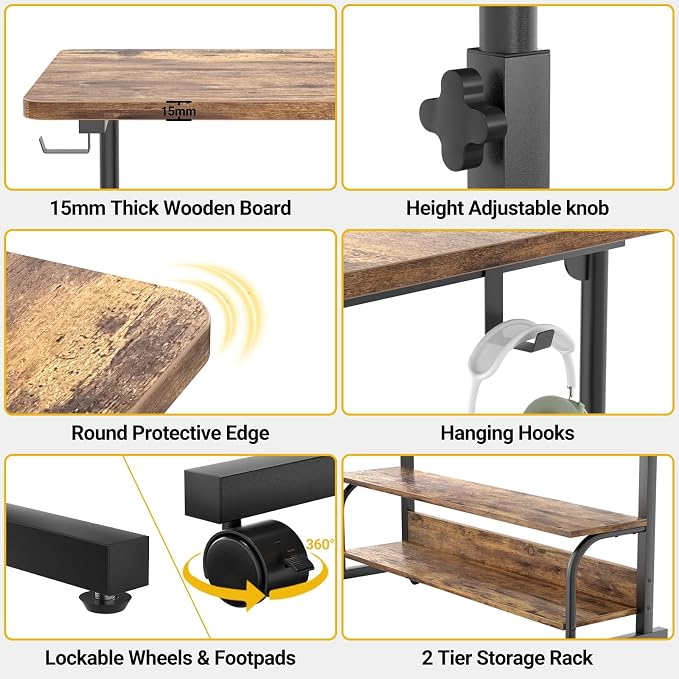 Besiost 39" Height Adjustable Standing Desk with Power Outlets - Manual Rolling Stand Up Desk with Wheels Small Portable Computer Desk Mobile Laptop Table with Storage Shelves for Home Office, Rustic - Image 5