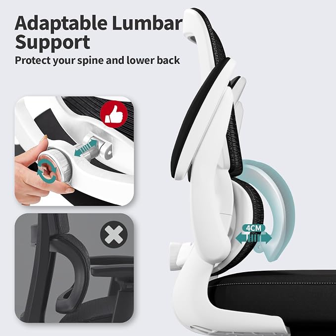TRALT Office Chair - Ergonomic Desk Chair with Adjustable Lumbar Support, Mesh Computer Chair, Executive Chair for Home Office Comfortable Lumbar Support (1, White+Black) - Image 4