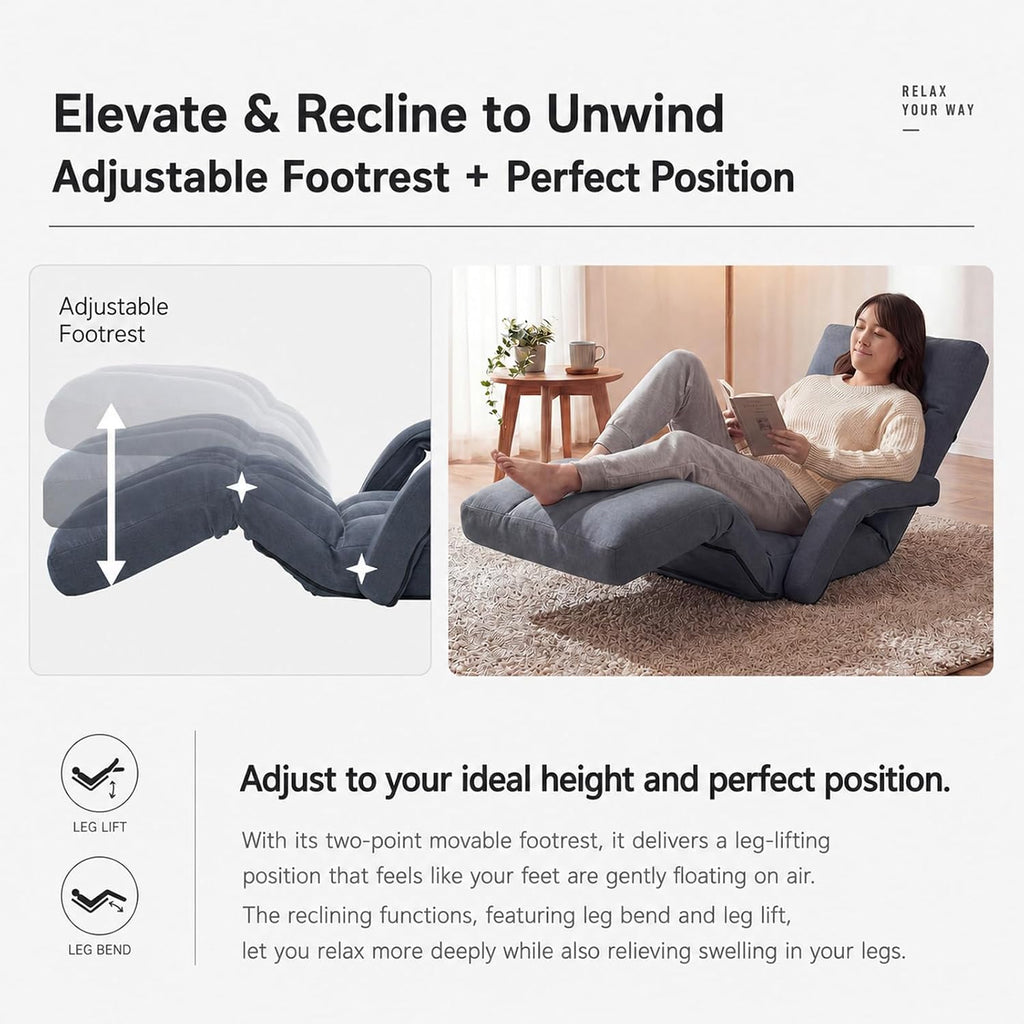 Adjustable Floor Chair with Adjustable Footrest, Folding Lazy Meditation Prayer Chair, Multi-Position Reclining Floor Gaming Chair for Reading, Watching TV, Relax(Grey) - Image 7