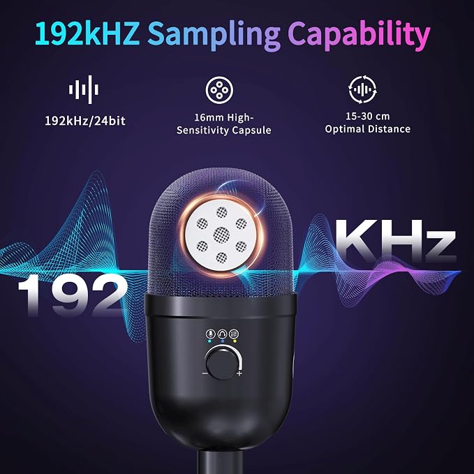 USB Gaming Condenser Microphone for PC/Desktop,192kHz/24Bit,Noise Cancellation,Monitoring,Quick Mute & RGB Lighting,USB PC Mic for Laptop,Podcast,Streaming,Recording Black - Image 3