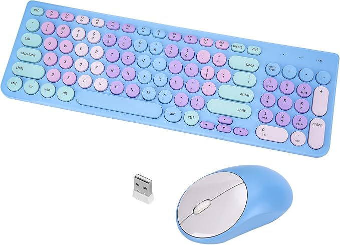 Wireless Keyboard and Mouse Combo, Retro Typewriter Keyboard with Round Keycaps, 2.4GHz USB Cute Wireless Keyboard Mouse for Computer, Desktop, Laptop and Computer (Rainbow Blue) by GUKJOB