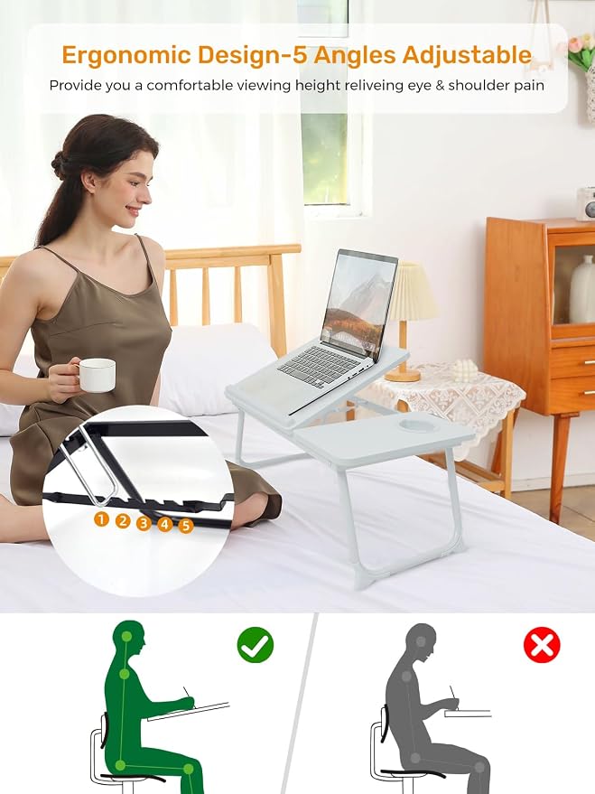 Lap Desk for Couch/Sofa/Floor, 5-Angle Adjustable Bed Desk with Foldable Legs &Cup Holder, Light Weight Bed Tray Table for Writing/Eating/Reading, Portable Laptop Stand for Adults, Kids - Image 3