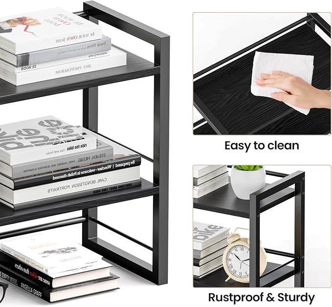 Office Desk Shelf Organizer, Wood Desktop Bookshelf Supplies Storage Rack, Shelf for Top of Desk and Dresser (Pure Black-2 Tier) - Image 6