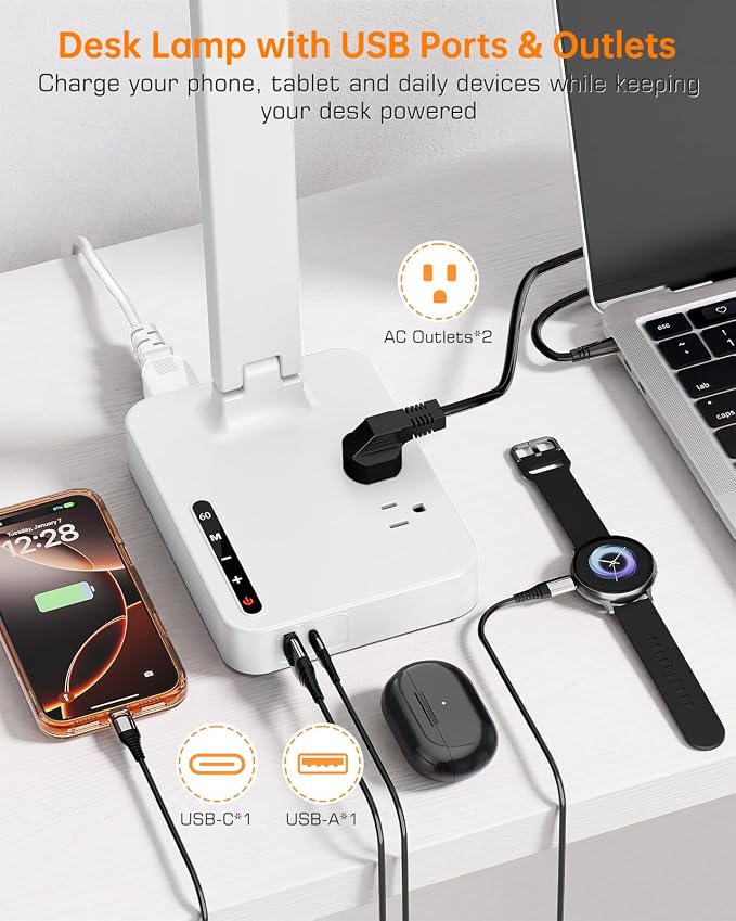 LED Desk Lamp for Dorm Office, USB-C & 2 AC Outlets Charging, White | LED Desk Lamps for Home Office with 2 USB Charging Ports(1 USB-C), 2 AC Outlets, Foldable Small Desk Lamp for Study Reading - Image 4